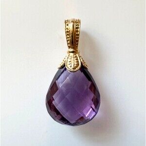 14k Solid Yellow Gold 10ct Briolette Cut Natural Amethyst Pendant Pearl Enhancer